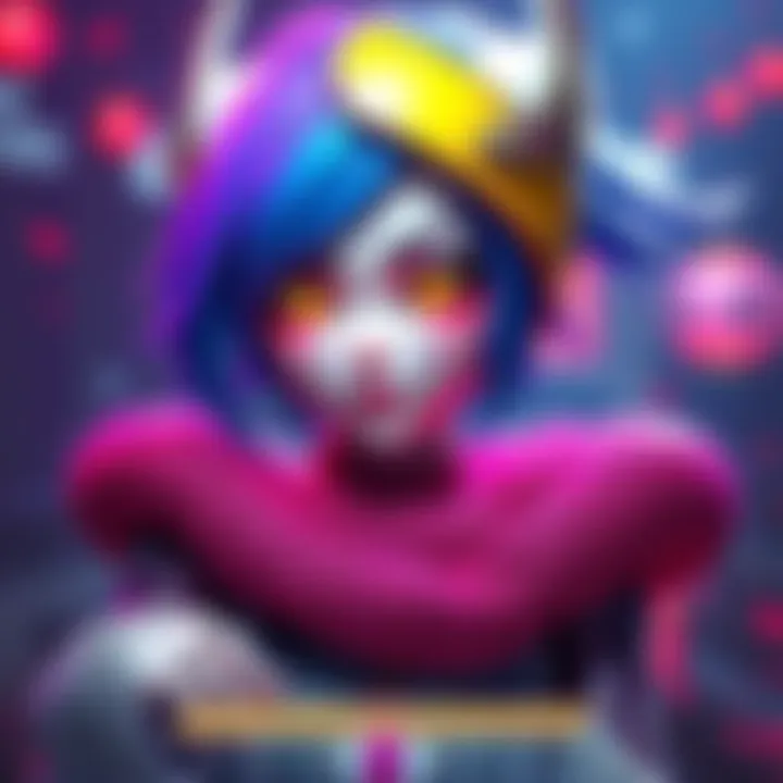 A vibrant and detailed render of the Shinbi character showcasing unique skin designs.