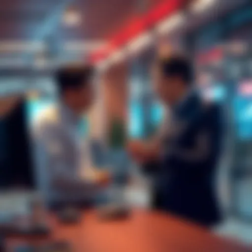 Shinji Mikami and a Shift Up representative discussing game development in a modern office setting