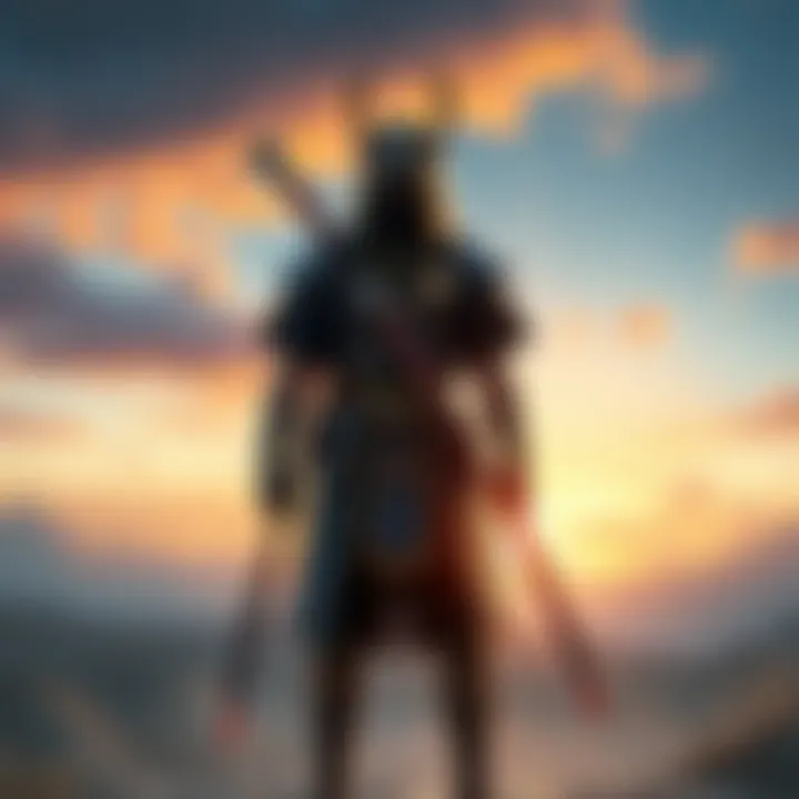 A character wearing the night shinobi gear set stands ready for battle in Valhalla's landscape at dusk.