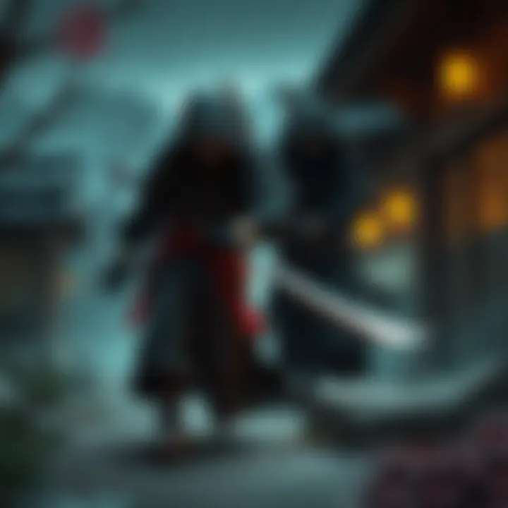 Two ninjas from the Shinobido series, Goh and Zen, stealthily moving through a rustic Japanese landscape with shadows and night setting.