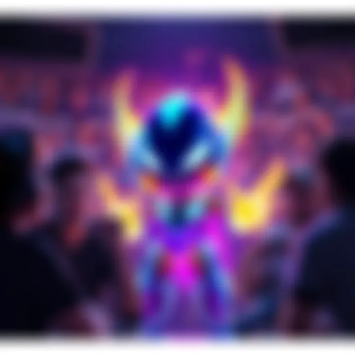 A shiny version of the GL character, glowing with vibrant colors, surrounded by excited players discussing in a forum setting.