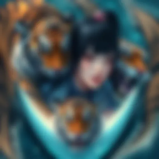 Character Shion surrounded by tiger motifs and killer whale elements, showcasing her connection to both animals.