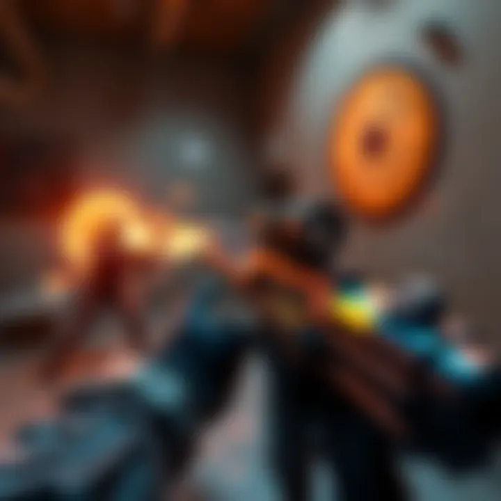 A player aiming the Shock Rifle at an enemy target, highlighting precise shooting skills in a gaming environment.