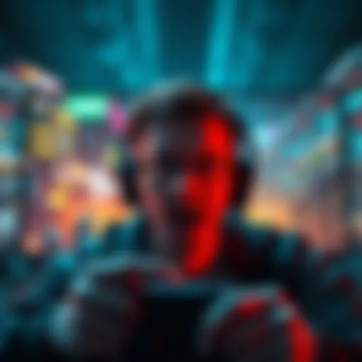 A gamer shocked by a plot twist on the screen, with vibrant game visuals surrounding