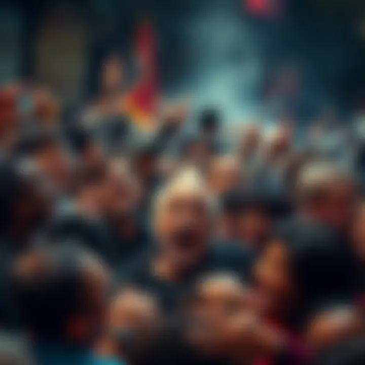 A crowd of diverse people expressing outrage and discussing recent shocking revelations, with animated gestures and serious expressions.