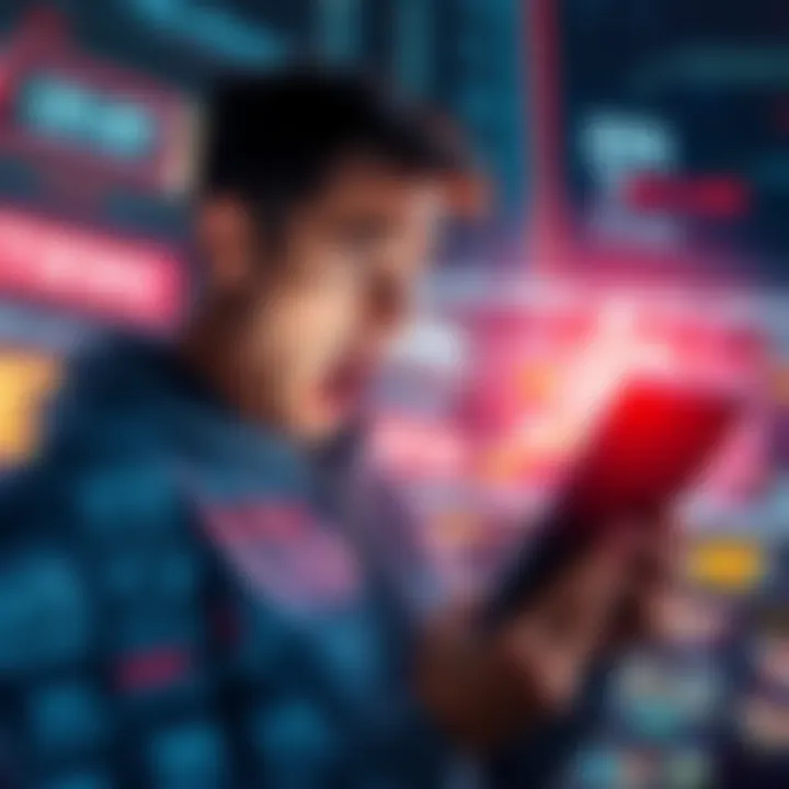 A person looking shocked while reading news on a tablet, surrounded by futuristic graphics and headlines.