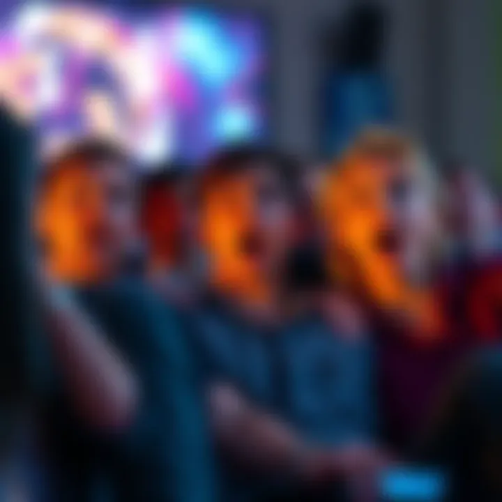 A group of shocked viewers watching thrilling TV moments with expressions of surprise on their faces.