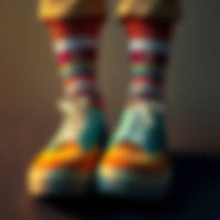 A pair of stylish shoes paired with colorful socks, worn with casual shorts, showcasing a trendy summer look.