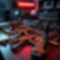 Different types of guns from popular shooter games displayed on a table, highlighting their unique designs and modifiers.