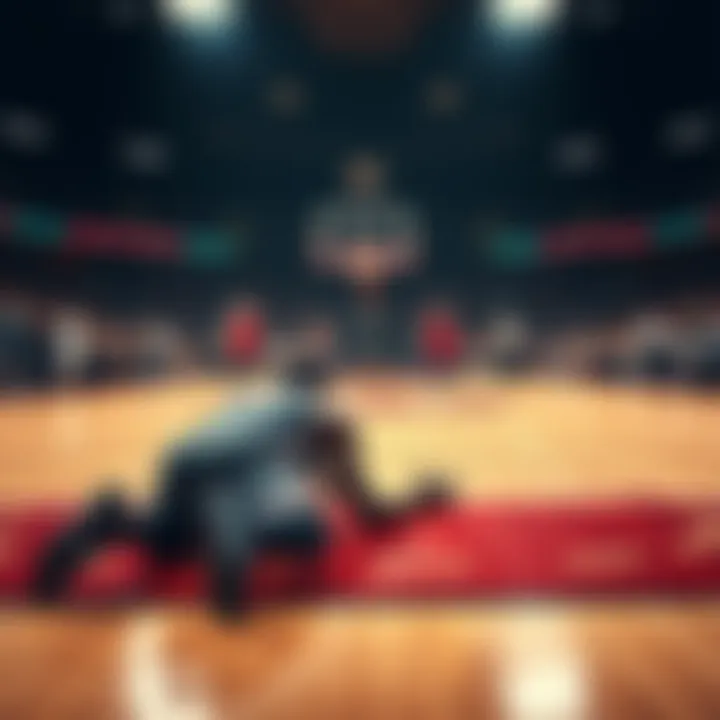 Shooting Incident in Basketball Game A basketball court scene showing a player down near a barricade, with distant figures looking concerned. Background features a basketball hoop and fans watching.