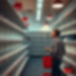 A store with several empty shelves and a confused shopper looking around