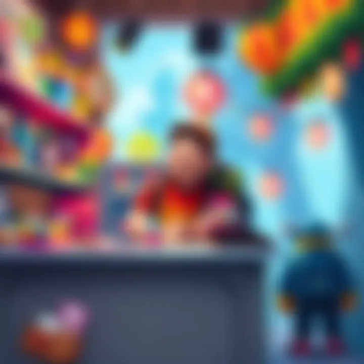 Shopkeeper in a colorful game A cheerful shopkeeper stands behind a counter filled with various colorful items, while adventurous characters explore the surrounding area looking for treasures, set in a vibrant game world.