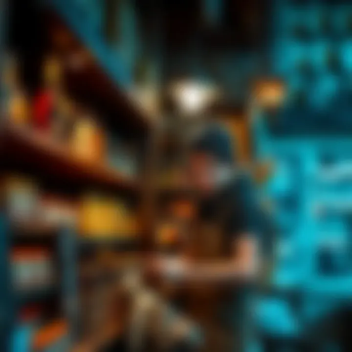 A shopkeeper in Hogsmeade preparing shelves with new items after a week of waiting.