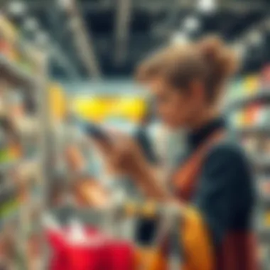 Shopping for Value A shopper examining products with price tags, looking for the best deals in a store.