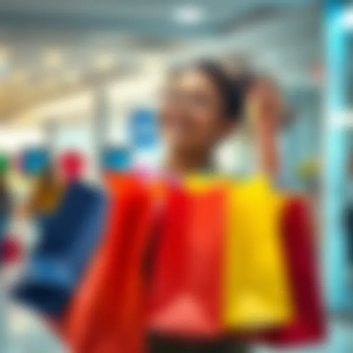 A person holding shopping bags filled with items bought during a sale, showing excitement and satisfaction after a purchase.