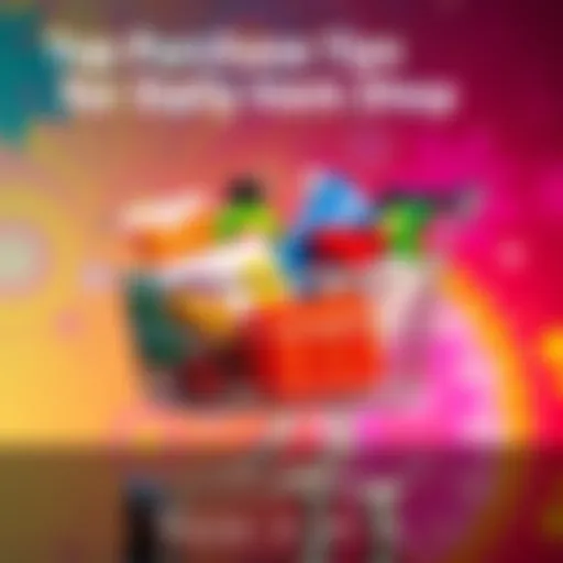 Shopping Cart with Daily Items A shopping cart filled with various daily items on a colorful background