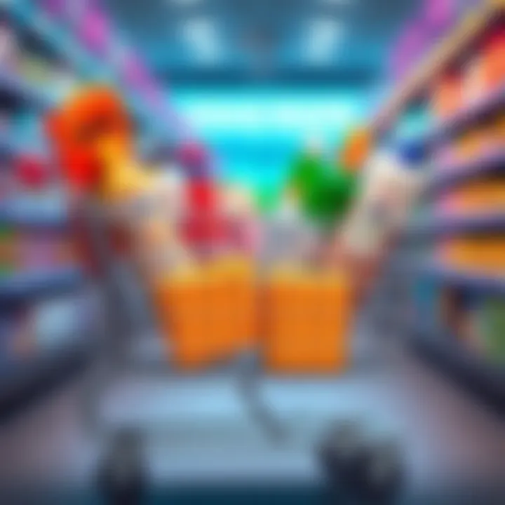 A shopping cart filled with various products, each with price tags showing different costs, representing value versus spending.