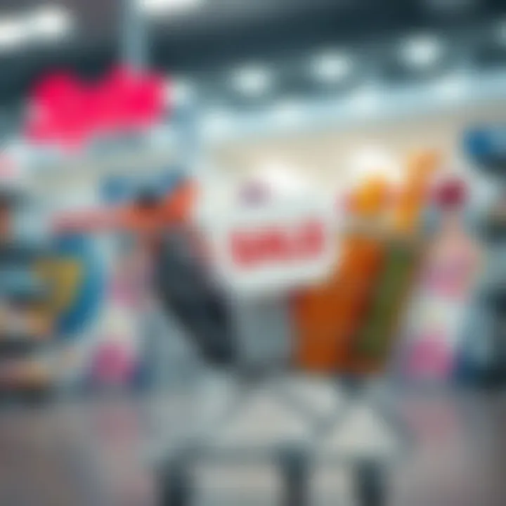 A shopping cart filled with various products, featuring a prominent sale tag