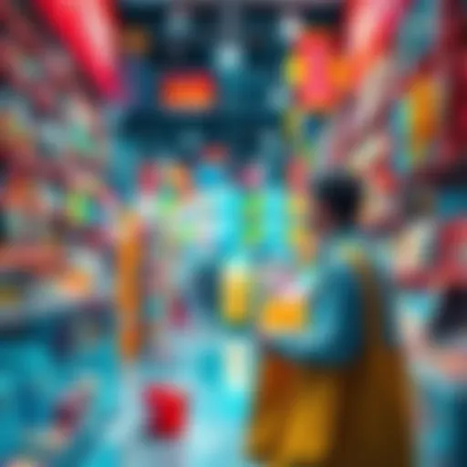 A shopper looking at colorful items inside a Daily Item Shop with various deals displayed