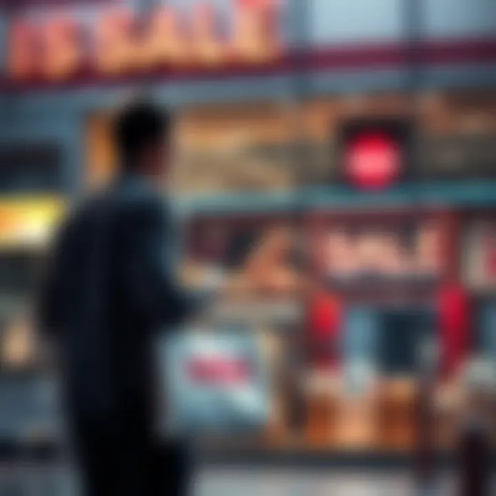 A person holding a shopping bag outside a store with a big sale sign, contemplating whether to buy a new product on launch day or wait for discounts.