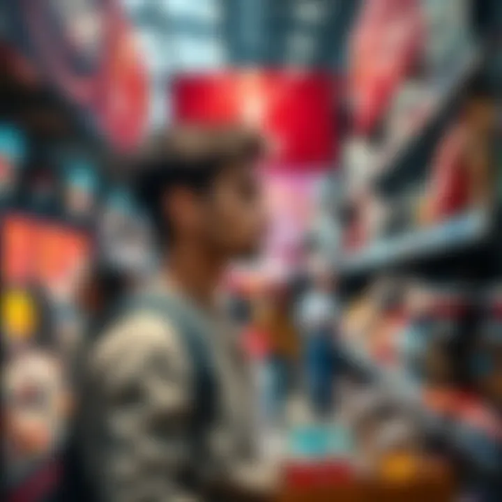 A person looking at products while shopping, showing a thoughtful expression about spending decisions in a busy store.
