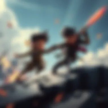 Short character in battle A short character skillfully navigating a combat scenario, attempting to attack an enemy on elevated ground with a determined expression.