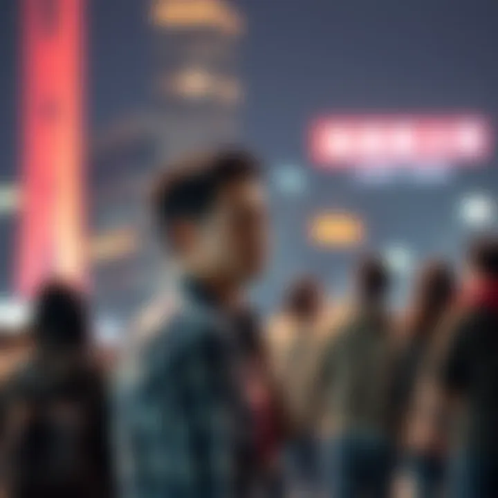 Short Man Looking Thoughtful A short man stands alone, looking pensive while observing a group of taller people. He has a thoughtful expression, reflecting feelings of inadequacy.