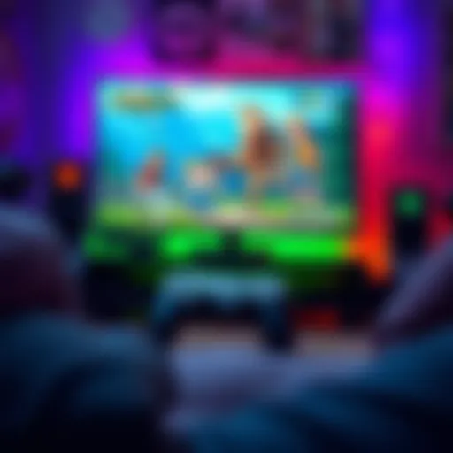 A cozy gaming setup with a console, controller, and a screen displaying a story-driven game, perfect for quick play sessions.