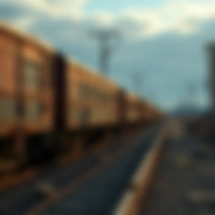 A short train with rusted cars on empty tracks in a desolate landscape, reflecting a post-apocalyptic world.