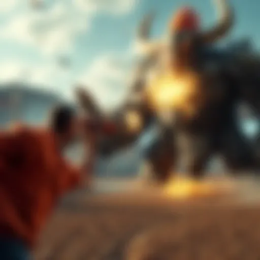 A player throwing a shot put at a giant boss character in a gaming environment, with effects showing the impact on the boss