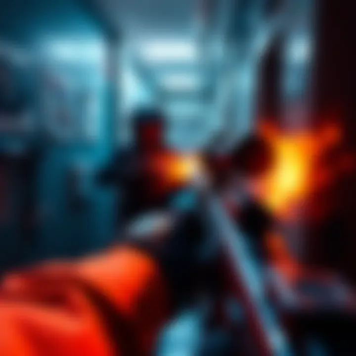 A player aiming a shotgun in a tight space during a firefight