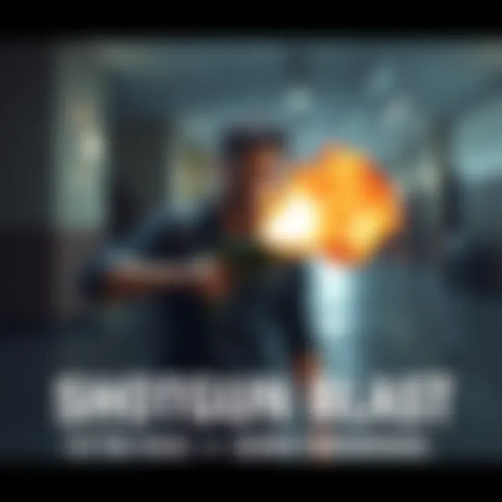 A game character standing unharmed after a close-range shotgun blast, with a surprised expression, showing the gun and empty surroundings.