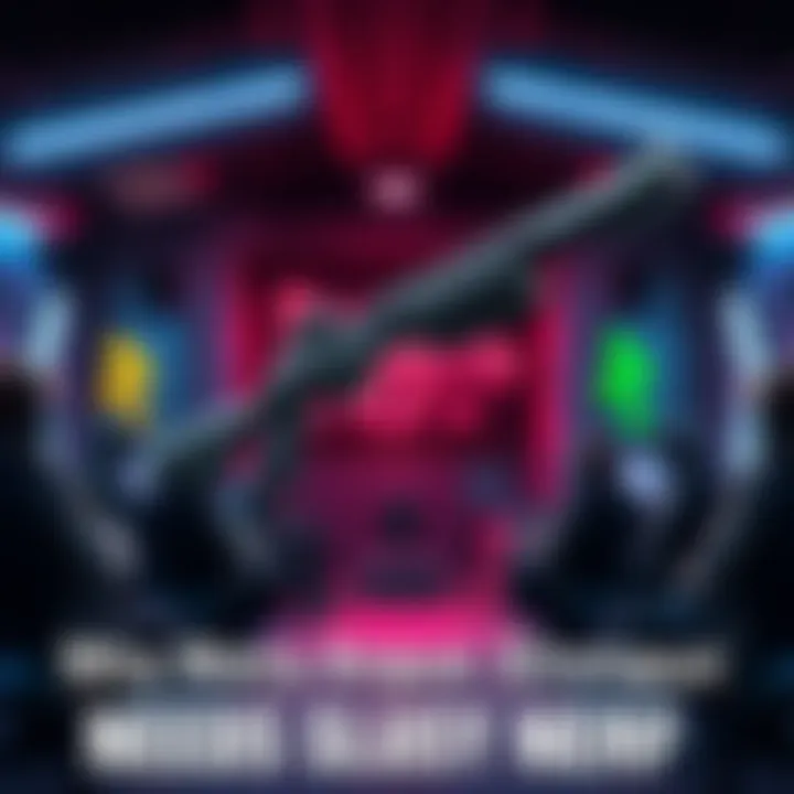 Shotgun in the gaming world A powerful shotgun displayed in a virtual game setting, surrounded by concerned players discussing its balance.