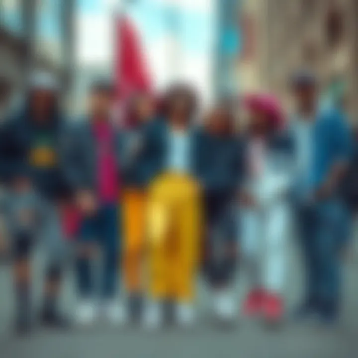 A group of people wearing trendy street fashion outfits, posing together in an urban setting, showing off their unique styles.