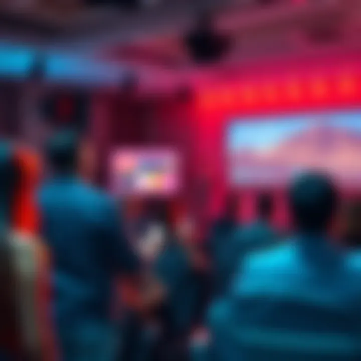 Showcase Presentation A presenter engaging an audience with a modern showcase featuring digital presentations and visual aids