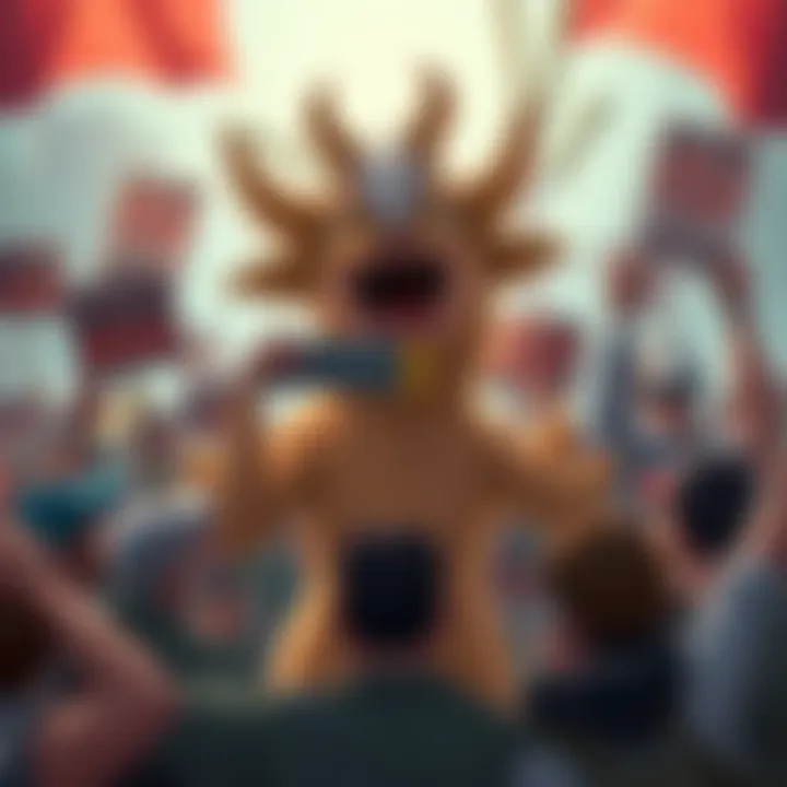 A cartoon character resembling Shudderwock is surrounded by protesters holding signs against nonsense, with Fizzle and Zarimi visible in the background. The scene captures a lively debate atmosphere.