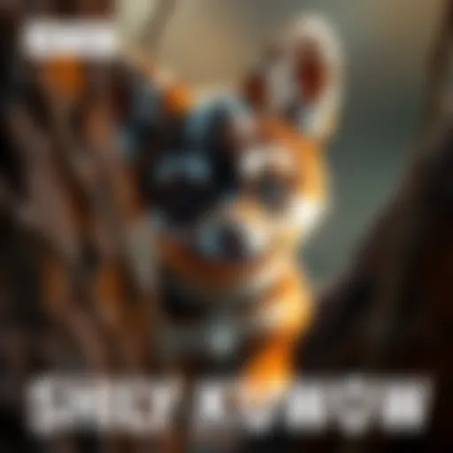 A shy kubrow puppy hiding behind a tree, looking curious and playful