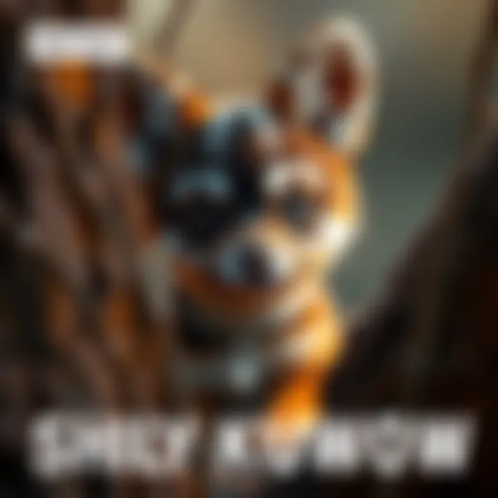 A shy kubrow puppy hiding behind a tree, looking curious and playful