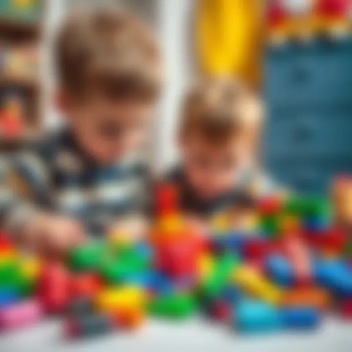 A child playing with colorful Lego bricks, creatively building a structure while another child looks on, indicating a playful rivalry.