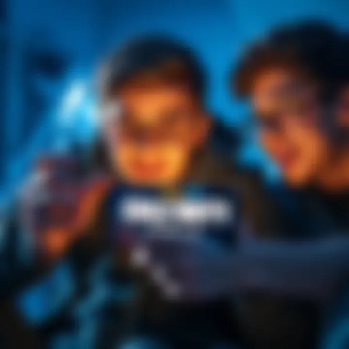 Two brothers competing in Call of Duty Mobile on a smartphone, one looking focused and determined while the other playfully teases him, conveying a lighthearted competition.