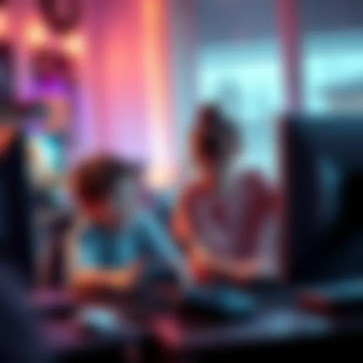 A boy and girl playing different video games on their computers in a cozy room, sharing a game library.