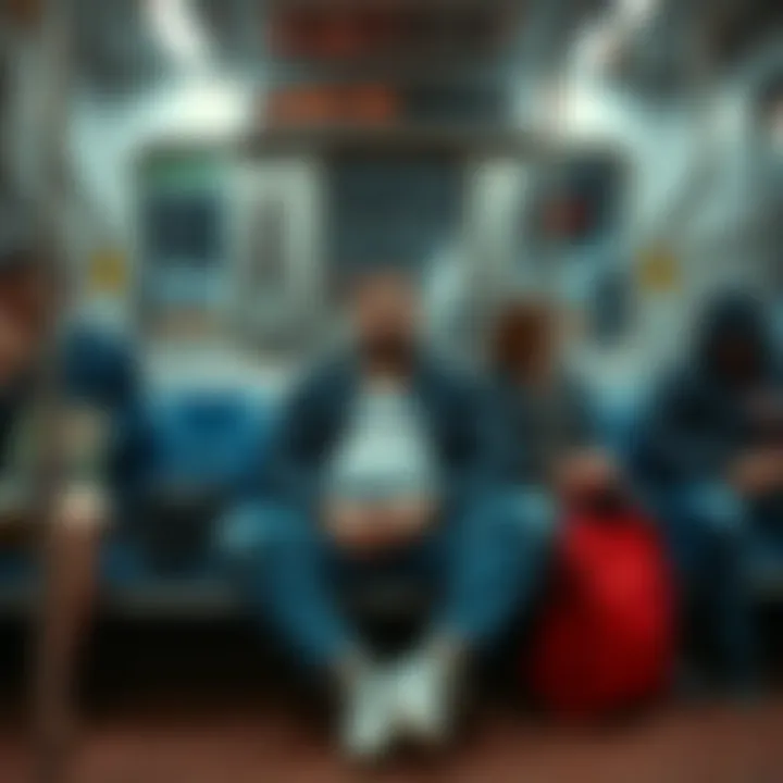 Sick commuter on subway Commuter sitting on a subway bench, looking unwell and frustrated, surrounded by other passengers