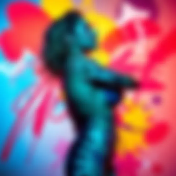 A woman showcases her side profile with artistic body paint emphasizing side boob, surrounded by vibrant colors and abstract shapes.