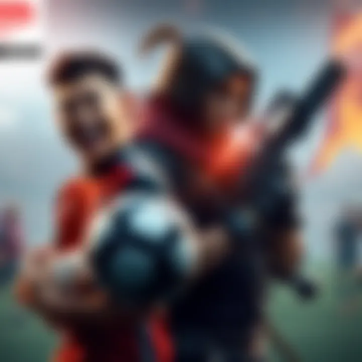 A footballer smiling with a soccer ball next to a serious fighter holding a weapon, showing the contrast between joy and revenge in the same universe.