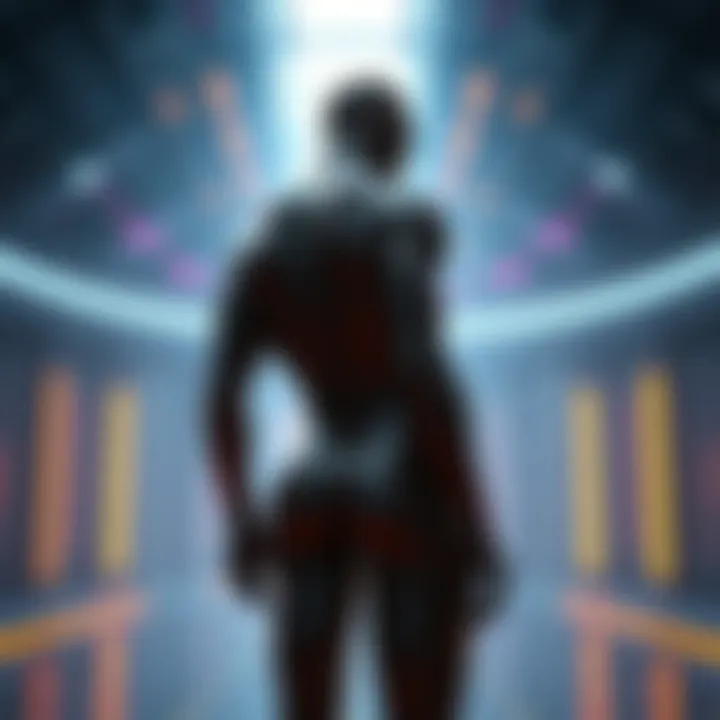 Sigma's unique body shape A character with unusual body proportions, showing a slim figure and no developed buttocks, set against a futuristic background.