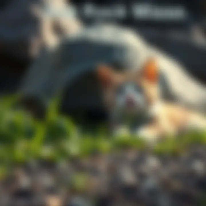 A large rock thrown by Sigma lands beside a plump cat lounging on the grass, looking surprised.