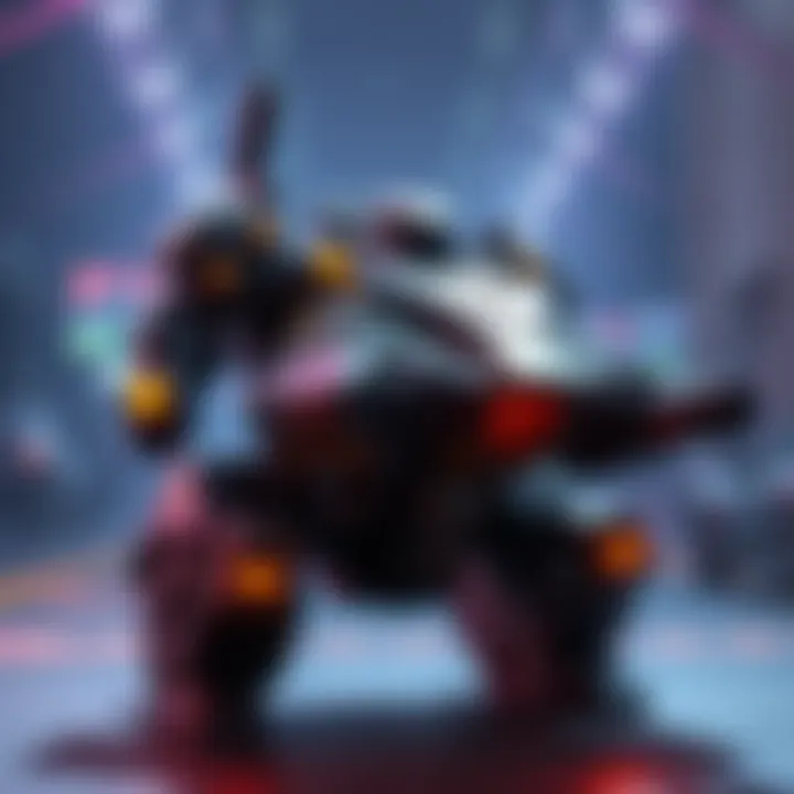 A character resembling a futuristic tank with support abilities, standing in a dynamic pose ready for action in a competitive game environment.