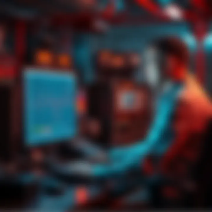 Signal Frequency Analysis An engineer examines a graph showing signal frequency 1055 on a computer screen with communication equipment in the background.