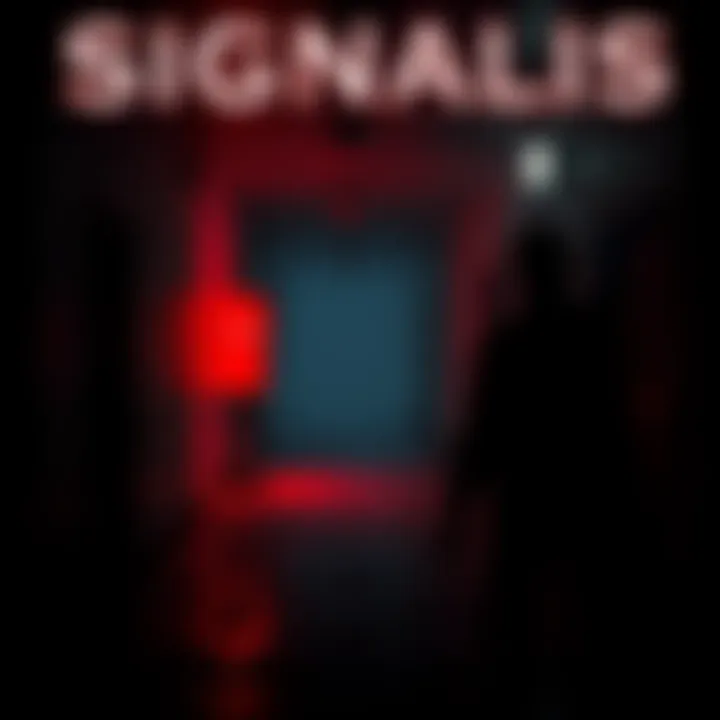 A dark, eerie hallway in Signalis featuring a red save station, reminiscent of Silent Hill 2, with a character holding a flashlight, revealing haunting details in the environment.