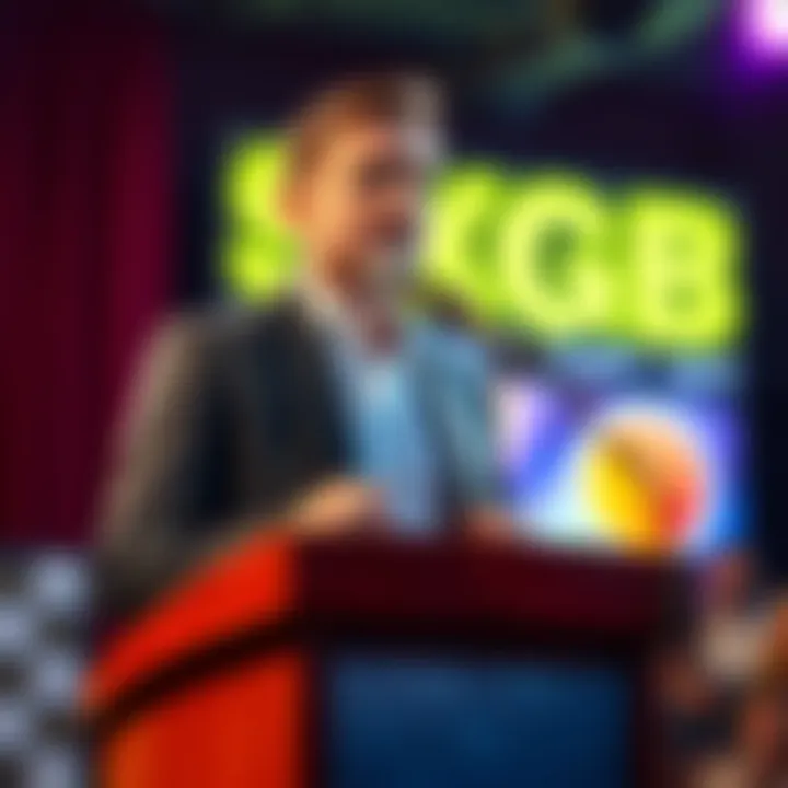 Timothy, CEO of SignalRGB, standing at a podium with a concerned expression, holding a microphone as he addresses the crowd about transferring the OpenRGB domain back to the community.